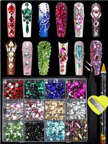 12pcs/Box 3D Multi-Shape K9 Glass Crystal Nail Rhinestones, 3D Colorful Nail Rhinestones Supplier, Various Shapes & Sizes Flat Bottom Nail Rhinestones, Nail Art Supplies, Nail Jewelry Nails - Multicolor - View 2