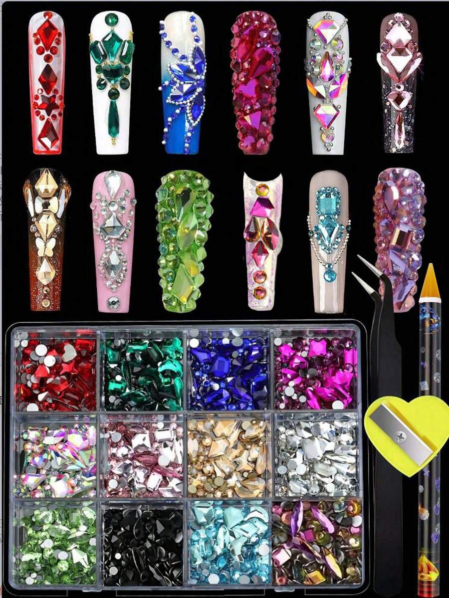 12pcs/Box 3D Multi-Shape K9 Glass Crystal Nail Rhinestones, 3D Colorful Nail Rhinestones Supplier, Various Shapes & Sizes Flat Bottom Nail Rhinestones, Nail Art Supplies, Nail Jewelry Nails