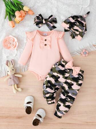 4-delat set med ribbstickad sparkdräkt, kamouflagehatt, halsduk och kamouflagebyxor, normal passform, lämplig för utomhussport och fritidskläder på vår och höst