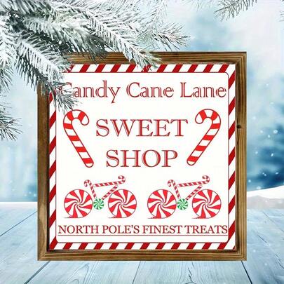8x8 Inch Farmhouse Christmas Candy Cane Lane Sign - Red & White Holiday Decor - Lightweight Polished Wooden Plaque - For Home, Kitchen Or Christmas Gift, No Electricity Needed - Vintage Winter Decoration, Holiday Kitchen Decor, Candy Cane Design Without Frame Home Decor Christmas Decorations Room Decor