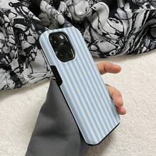 1 Unique 360 ° White And Blue Striped Pattern Printed Phone Case - Cute And Minimalist 2-In-1 Design, Drop-Resistant And Shock-Proof Full Coverage, Compatible With IPhone 16 Pro Max/16 Pro/16 Plus/16/15/14/13/12/11. Stylish And Cute - Ideal For Holiday Gifts - 藍白條紋 - 查看 4