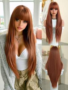 7JHH WIGS 34 Inch Extra Long Straight Maple Leaf Orange Wig With Bangs - Super Long Natural Layered Wigs, High Quality Soft Synthetic Fiber Wigs For Women Daily Wear, Festival Ready Party Use, Graduation Gift - Beginners Glueless Wig Accessories - trái cam - Xem 2
