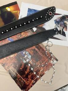 1 件纯色朋克街头 PU 皮革重型铆钉弯钩水钻链腰带，Y2K American Baddie 时尚朋克复古风格女式腰带，可搭配裙子和裤子