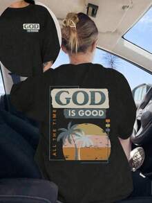 Áo thun nữ mùa hè mới in hình cây dừa và hoàng hôn, tay ngắn, cổ tròn, kiểu dáng thường ngày, năng động, phù hợp cho kỳ nghỉ. Màu đen. - màu đen - Xem 5