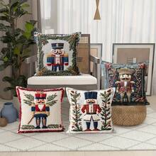 1 pieza Funda decorativa cuadrada para cojín con patrón navideño de El Cascanueces, de imitación de bordado plano 2D, de material de fibra de poliéster, con múltiples diseños de patrones de estilo de pinza de nuez y sensación visual de bordado realista, para decoraciones navideñas en fiestas, hogar, sala, sillón, Navidad