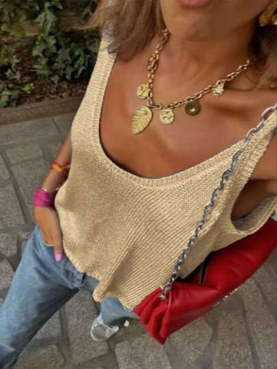 Women's Casual Round Neck Sleeveless Knitted Tank Top, Solid Color Streetwear Summer Vacation Top