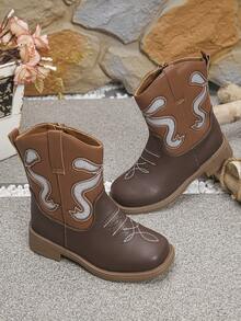 1 Pair Vintage Embroidered Hollow-Out Side Zipper Children's Western Boots - Brown - View 4