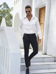 Mens Silk Satin Shirts Long Sleeve Button Down Loose Fit Dress Shirt Luxury Party Prom Wedding Shirtshalloween - 白色 - 查看 7