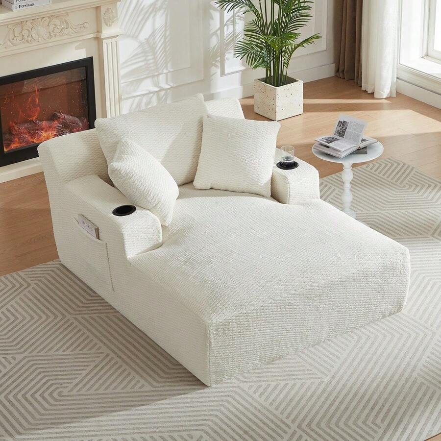 LUCKHAO 49" Chaise Lounge Indoor, Oversized Chaise Lounge Chair With 3 Comfy Pillows For Living Room Bedroom, Wide Arms Corduroy Fabric High-Density Foam No Assembly Required - 米色 - 查看 1