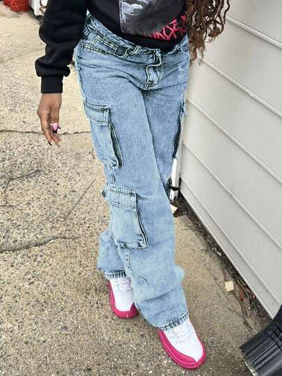 Damskie jeansy typu cargo z prostymi nogawkami i kieszeniami z patkami w stylu Y2K Streetwear