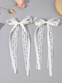 2pcs Ivory Lace Bow Hair Clips, Solid Color Bow Hair Clips With Tails, Elegant White Embroidered Mesh Hair Clips, Butterfly Hair Clips For Holiday, Wedding, Party, Suitable For Teenagers - White - View 2