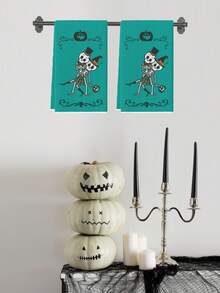 2 chiếc khăn lau bếp hình ma ca rô đen trắng màu nước hình ma quỷ, mũ phù thủy, mèo, đèn lồng bí ngô, dơi, mạng nhện, đầu lâu, kẹo, khăn lau bếp kiểu nông trại, khăn lau bát đĩa nhà bếp, khăn lau tay, khăn lau trà, khăn lau khô bát đĩa nhà bếp, đồ dùng tiệc ngày lễ, quà tặng tân gia, phòng tắm, thích hợp cho nhà bếp, phòng ăn, bàn ăn - Màu xanh lam - Xem 4