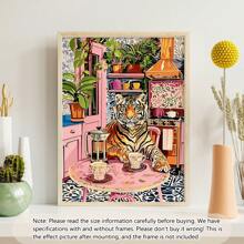 1pc Unframed Tiger With Coffee And French Press Canvas Print - Minimalist Kitchen Wall Art - Bold Tiger Coffee Enthusiast Decor - Vintage Jungle Print Posters,Wall Art,Room Decoration Stuff,Fall,Halloween,Modern,Vintage(Optional) Frame) - Multicolor - View 13