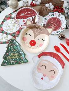 Classic Christmas-Style Red-White-Green Christmas Element Plate Set - Must-Have For Christmas Party Dessert Table, Round Disposable Plates/Cupcake Paper Plates, Leak-Proof & Durable Detail, Suitable For Serving Cocktails/Snacks/Desserts, Essential Tableware For Winter Christmas Holiday Dinners