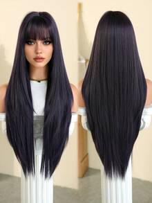 7JHH WIGS 34 Inch Extra Long Straight Dark Purple Wig With Bangs - Super Long Natural Layered Wigs, High Quality Soft Synthetic Fiber Wigs For Women Daily Wear, Halloween Festival Party Cosplay Use, Graduation Gift - Beginners Glueless Wig Accessories - 紫色 - 查看 5