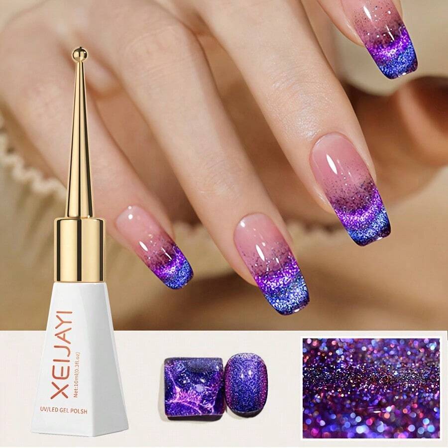 XEIJAYI 1Pc 10ML Blue Purple Peacock New Popular Reflective Cat's Eye Magnetic Nail Gel Semi Permanent Nail Art Soaking UV LED Nail Salon DIY Nail Salon Gel - Purple - View 1