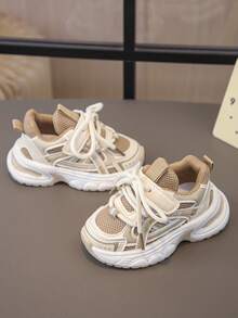 1 Pair Kids' Mesh & PU Hook And Loop Style Breathable Durable Casual Sports Shoes, Suitable For Spring & Autumn