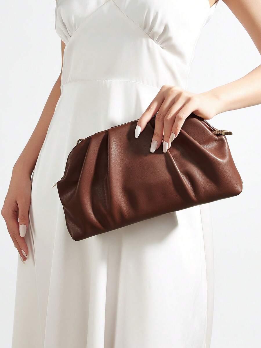 Ví cầm tay cổ điển màu trơn có khóa kéo, túi xách đa năng dung tích lớn, túi da PU thời trang, phù hợp cho nữ, thích hợp cho đám cưới, tiệc tùng, dạ hội, các sự kiện buổi tối. - màu nâu - Xem 1