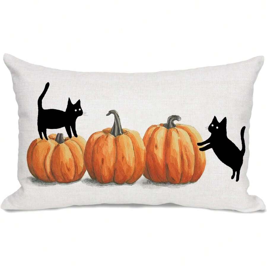 1 pièce Taie d'oreiller d'Halloween 12x20 pouces Décoration de citrouille, chat noir Coussin de taille décoratif d'automne pour canapé, lit Décoration de ferme d'automne Côté unique sans rembourrage - Orange - Voir 1