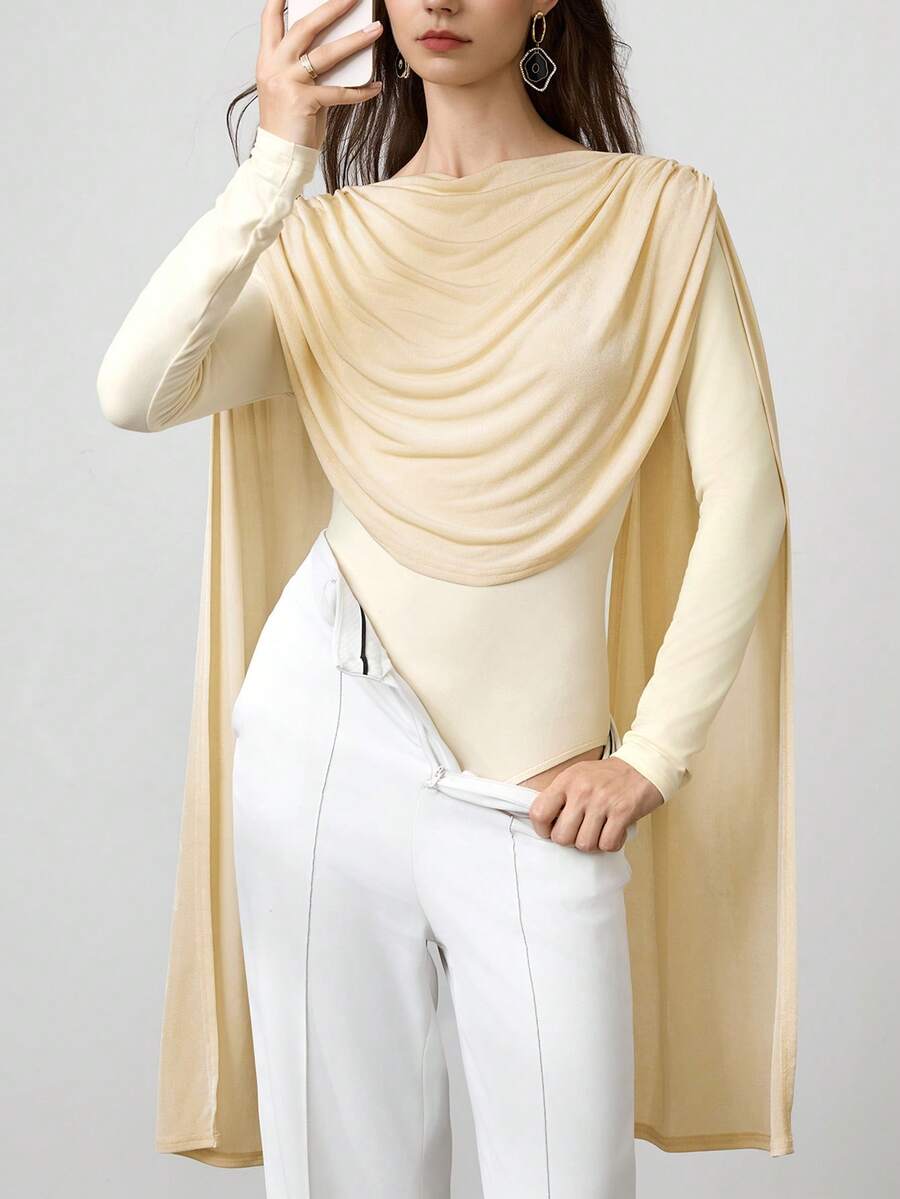 Women's Fashionable Long Sleeve Turtleneck Bodysuit With Ruffle Shoulder Detail, Made Of Stretchy Fabric