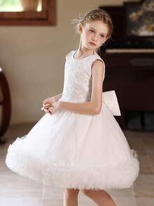 Girls' White Tulle Cake Dress Short Wedding Party Flower Girl Dress - White - View 6