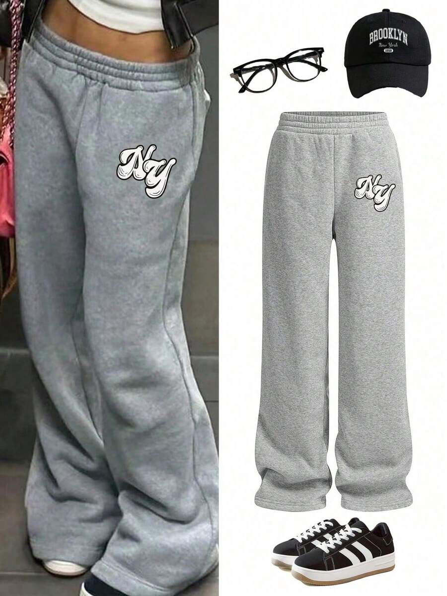 1pc Girl's Minimalist Outdoor Sports Solid Color Fleece Letter Print Flared Straight Leg Pants, Thick & Warm For Spring/Autumn/Winter - Light Grey - View 1