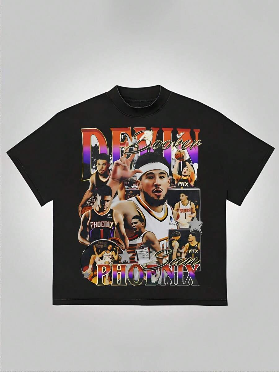 Devin Booker And Phoenix Suns Graphic, Basketball Style T-Shirt, 220 Grams Of Heavyweight Cotton, Summer And Fall, Unisex Comfortable Casual T-Shirt - 黑色 - 查看 1