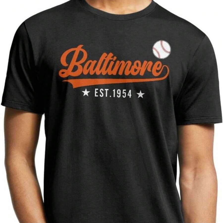 Men's Baltimore Baseball Graphic T-Shirt - Vintage EST. 1954 Print, Moisture-Wicking Lightweight Crewneck Tee For Casual & Sports, All-Season Short Sleeve Shirt (Black), Sports Fan Apparel | City Pride Apparel | Comfortable Fit Shirt,Simple Design, Knitting Process - 黑色 - 查看 1