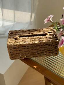 1pc Woven Tissue Box Holder, Rectangular Covered Tissue Box, Rattan Tissue Box Rack, Bohemian Style Woven Tissue Box Holder, Suitable For Bathroom, Bedroom, Shelf, Living Room, Dining Room Decor & Storage, Halloween Tissue Box Decor, Christmas Gift - Multicolor - View 5