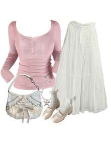 阳光女孩风格夏季女装返校蕾丝拼接半开领纽扣设计休闲修身长袖粉色针织T恤 春季 - 粉色 - 查看 10