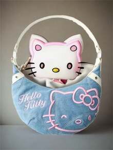 Sanrio 1 pieza Bolso cruzado de denim con bordado de Hello Kitty, bolso casual versátil para llevar debajo del brazo para mujeres