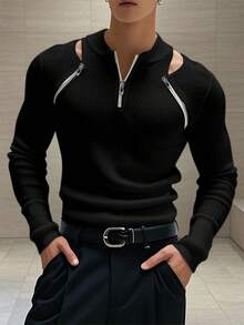 INCERUN Fashion Men Zipper Cut Out Long Sleeve Slim Fit Pullover Rib-Knit Tops Blouse Fall Casual Shirt - Black - View 1