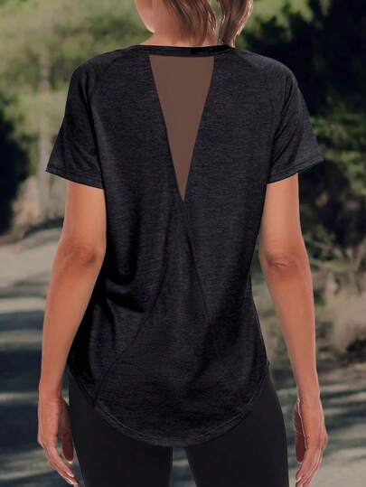 Camiseta deportiva de mujer de unicolor - Cuello redondo, ligera, de manga corta, mezcla de poliéster elástico, adecuada para primavera y verano, estilo básico holgado resistente al color, blusa casual de media manga