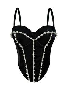 Women Rhinestone And Pearl Smooth Bustier Crop Top Corset Bra Party Concert Camisole