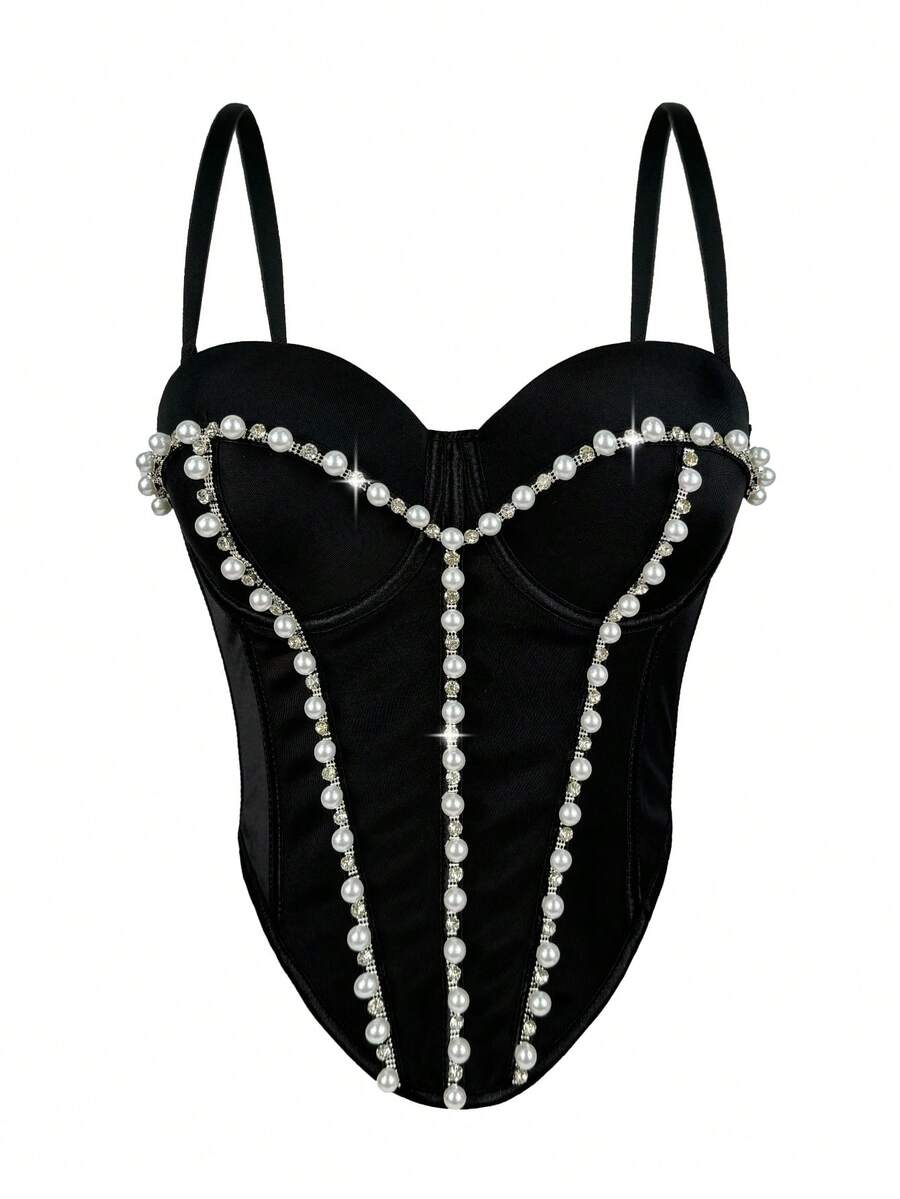 Women Rhinestone And Pearl Smooth Bustier Crop Top Corset Bra Party Concert Camisole