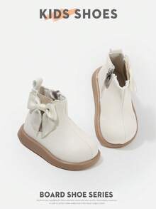1双蝴蝶结装饰儿童鞋，采用皮革材质，圆头，短靴款式，侧拉链，无明显鞋跟，可爱甜美儿童休闲鞋，适合日常外出和聚会 - 白色 - 查看 2