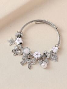 1pc Women's Versatile Beaded Bow Adjustable Bracelet, European & American Style - Silver - View 6