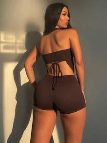 Women Elegant Halter Neck Tube Top Jumpsuit Lace Up Backless Club Party One Piece Outfit - 棕色 - 查看 3