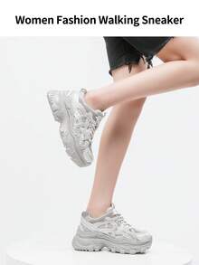 somiliss 6厘米厚底系带网面水钻女式运动鞋，休闲运动鞋，时尚厚底户外步行鞋，灰色，四季皆宜 - 灰色 - 查看 8