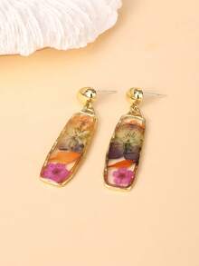 一对时尚多色干花树脂效果矩形吊坠耳环，精致百搭，适合女性佩戴，适合度假、派对和日常佩戴。实物干花与图片略有差异 - 彩色 - 查看 3