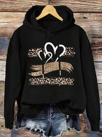 ROSE Casual Minimalist Printed Drawstring Hooded Loose Fit Thick Sweatshirt, Leopard Print Pattern, For Women, Autumn/Winter Homecoming
