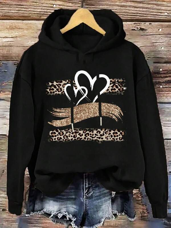 Sudadera con capucha holgada y gruesa con estampado minimalista y casual de leopardo, con cordón, para mujer, otoño/invierno