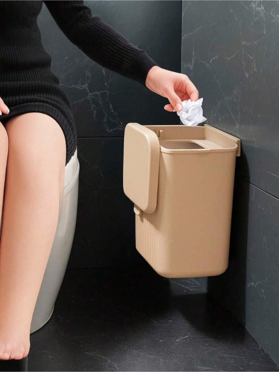 Hanging Trash Can With Adhesive Holder And  Handle 9 Liters With Lid Kitchen Living Room Bathroom - 乾枯玫瑰色 - 查看 1