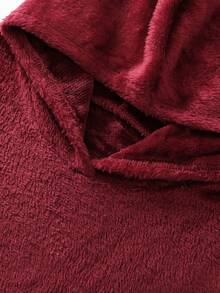 1pc Solid Color Fleece Asymmetrical Hooded Sweatshirt, Casual Everyday Wear For Winter - Burgundy - View 4