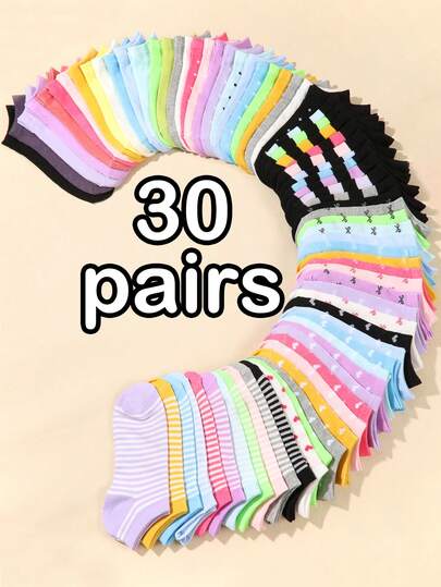 30/1 par de calcetines cortos para niños: de colores caramelo, con lazo de encaje, con estampado de corazón, a rayas, suaves, cómodos, casuales, a juego con todo, calcetines tobilleros para estudiantes - Adecuados para uso diario, colores aleatorios mezclados