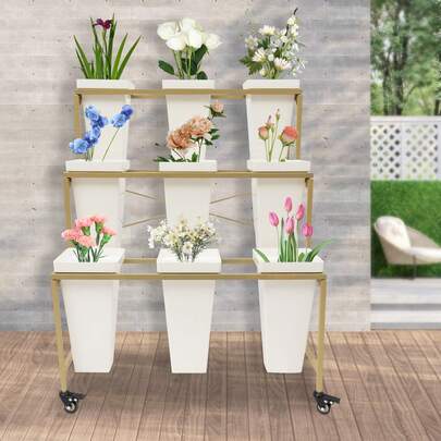 Flower Display Stand, 3-Tier Flower Holder, Flower Display Stand With 9 Pieces Buckets,For Flower Shop, Wrought Iron Florist Stand For Patio Garden, Living Room, Outdoor Flower Pop Up Event