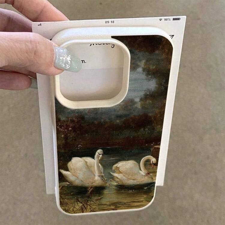1 件复古油画风景优雅天鹅图案 TPU 手机壳适用于 / - 白色 - 查看 4