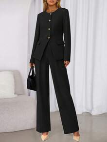 Women Two Piece Blazer Set Fall Casual Long Sleeve Blazer Jackets Wide Leg Pant Pockets Suits Autumn Fall Casual Formal Office Business Outfits - màu đen - Xem 2