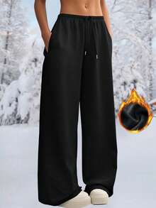 女士保暖加厚休闲直筒裤，冬季日常简约休闲保暖加厚长裤，柔软直筒裤，女装，女士长裤 - 黑色 - 查看 1