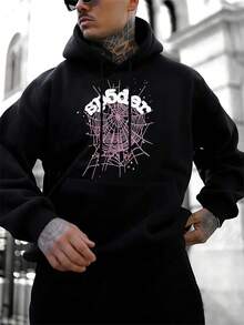 Men's Casual Pullover Hoodie With Spider Web Graphic,Long Sleeve Sweatshirt,Stylish Streetwear,Comfortable Fit,Available In Multiple Sizes - màu đen - Xem 2